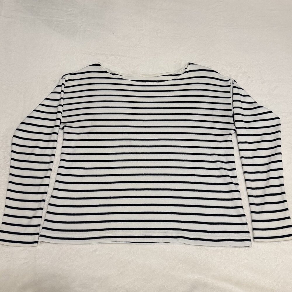 H&M Relaxed Fit Black White Striped Long Sleeve Boat Neck Top 100% Cotton Small